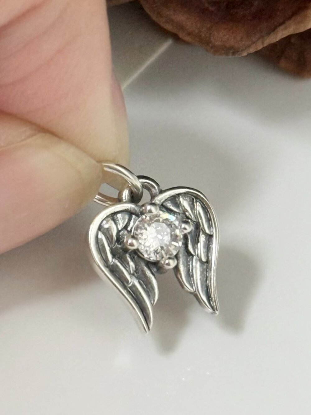 Angel Wings April Birthstone Charm Lab-Created White Sapphire